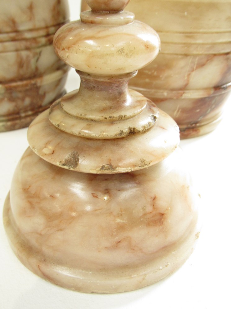 A near pair of 19th Century Alabaster lidded urns of barrel form, 26. - Image 2 of 2