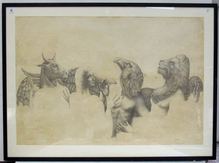 A large framed and glazed pencil drawing of mythical beings signed Luigi Les Speranza and dated '86 - Image 2 of 3