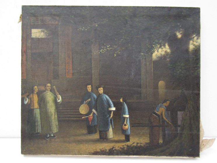 A Chinese unframed oil on canvas, figures in street scene.