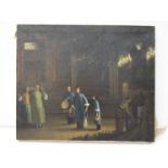 A Chinese unframed oil on canvas, figures in street scene.
