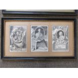 Three framed sets of three etchings of English monarchs after George Vertue including Canute,