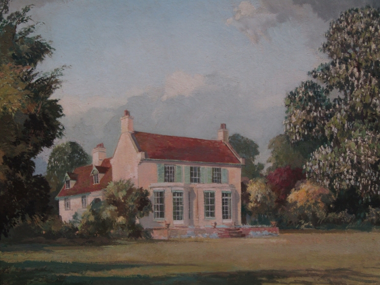 CAVENDISH MORTON (1911-2015): An ornate framed oil on board of a country house and gardens. - Image 2 of 3