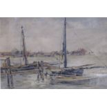 CHARLES JOHN WATSON (1846-1927): A framed and glazed watercolour depicting moored boats with docks