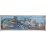OZZ FRANCA (1928-1991): A framed oil on board, stylistic city scape. Signed top right and dated '60.