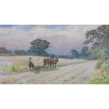 JOSEPH KIRKPATRICK (1872-1936): A watercolour depicting horse-drawn hay cutting, 20 cm x 36.
