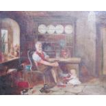 A mid 19th Century oil on canvas, elderly man and grandaughter in interior setting, unsigned work,