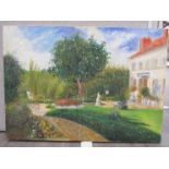 DANIELE DONDE (XX) An American oil on canvas after Pissarro, figure in country house garden.
