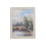 TOM ROWDEN: A watercolour depicting church and cattle in river framed and glazed,