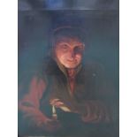 An 18th Century oil on canvas portrait of an elderly woman holding a candle,