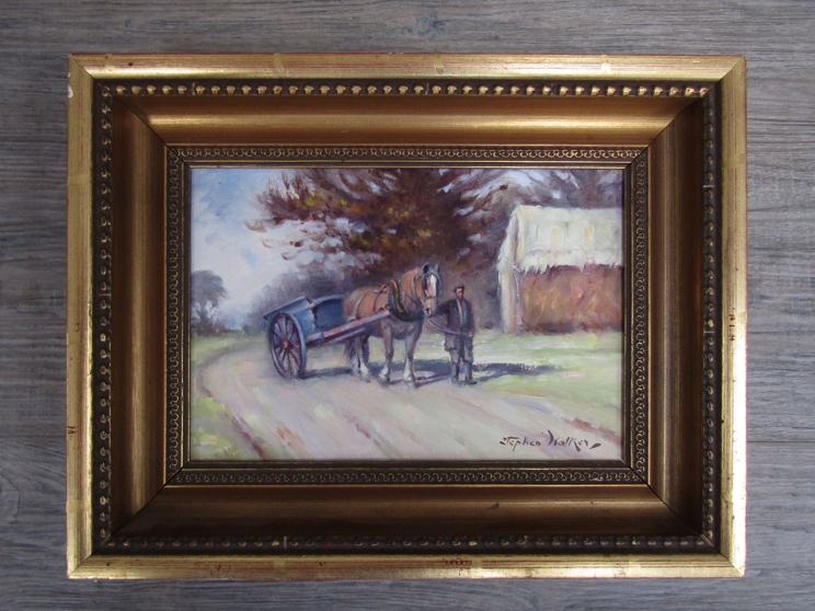 STEPHEN WALKER (1900-2004): A framed oil on board, figure leading a horse and cart on country lane.