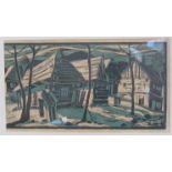 A framed and glazed coloured wood block print. Cottages amongst trees.