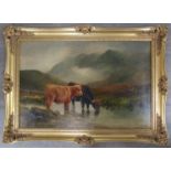 DANIEL SHERRIN (1868-1940) A gilt framed oil on canvas, highland cattle scene. Signed bottom left.