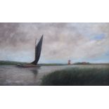An oil on canvas depicting a Norfolk Broads scene with wherry boat and windmill.