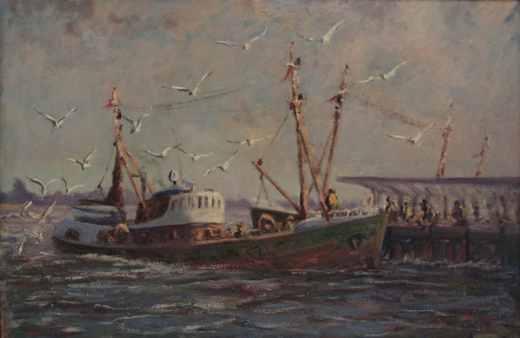 H. EDWARD (TED) COLLIN (XX): A framed oil on board "Early Morning at Yarmouth". Signed bottom left.