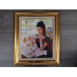 A late 20th Century oil on canvas portrait of a lady in a Parisian cafe. Unsigned work.