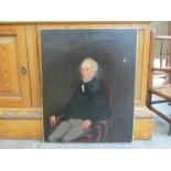 An early 19th Century oil on canvas portrait of an elderly gentleman seated in a Burgundy leather