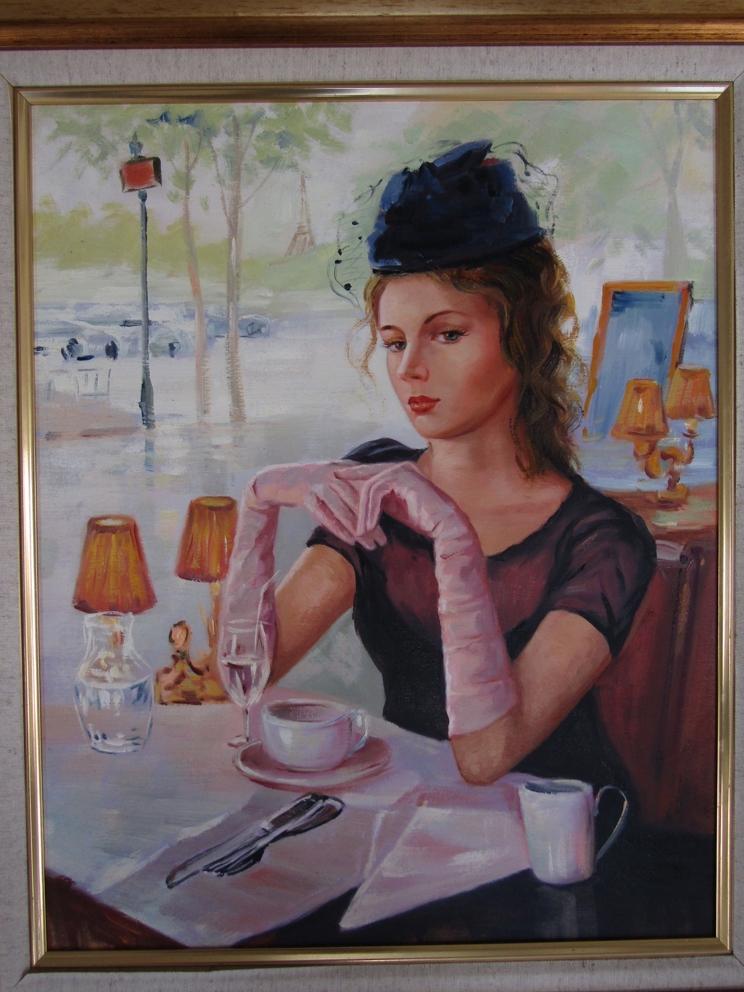 A late 20th Century oil on canvas portrait of a lady in a Parisian cafe. Unsigned work. - Image 2 of 2