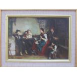D? OLSON (1930-1970): An oil on board of 19th Century figures seated at a table. Signed bottom left.