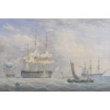 WILLIAM JOY (1803-1867): A gilt framed and glazed watercolour of a Man-o-War and other vessels.