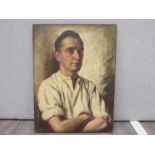 An early 20thC unframed oil on canvas of a young man wearing a white shirt with sleeves rolled up.