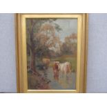 W. KERLING (XIX/XX) A gilt framed oil on canvas cattle drinking from river. Signed bottom left. 49.