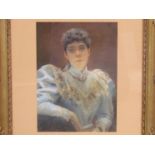 SHIRLEY FOX (XX): A pastel portrait depicting a young woman in a blue and lace dress,