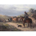 THOMAS SMYTHE (1825-1907): A gilt framed oil on canvas, Cattle Drove, windmill in distance,