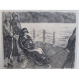 JOHN COPLEY (1875-1950): a framed and glazed lithograph of an elderly lady in wheelchair,