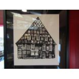 A framed and glazed print, depicting timber and brick building Dutch artist,