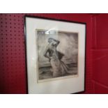After Percy Lancester, an engraving of a lady standing in a landscape, framed and glazed,