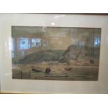 A watercolour depicting a rural landscape with hills, mountains to background,