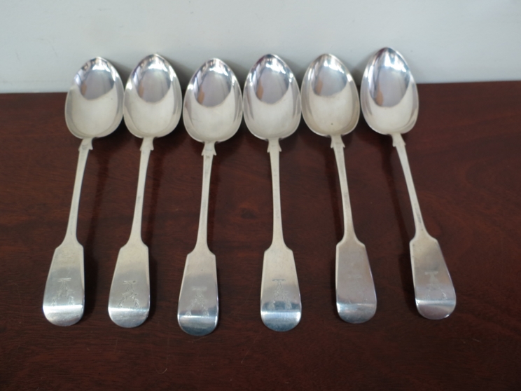 A set of six James Dixon and Sons Ltd, silver spoons with stags head monogram, Sheffield 1905,