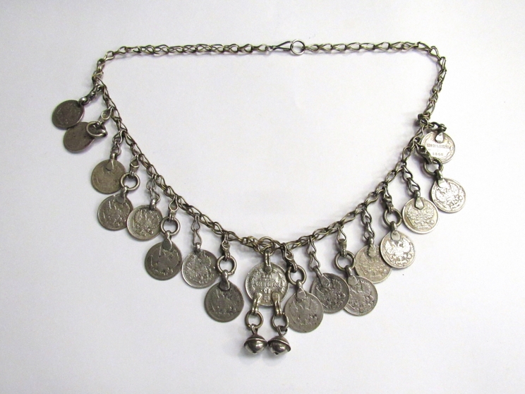 A Russian silver coin necklace hung on base metal chain