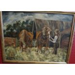 JOHN MUNNINGS (1916-1987): An oil on board of working horses and handler,