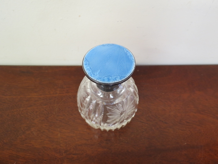 A silver and guilloche lidded scent bottle with crystal glass body, - Image 2 of 3