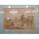 PHILIP CONNARD: A watercolour on textured paper of a river scene, framed and glazed,