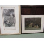 A 19th Century lithograph and an etching, Tabby cat and two kittens in a barn,