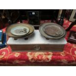 A French bygone set of retailer's scales, oak base, marble top,