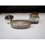 Three silver items to including a glass inkwell with silver lid