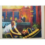 A vibrant oil on canvas of Continental native restaurant scene, framed,