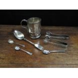 A silver christening mug a/f, silver sugar tongs,