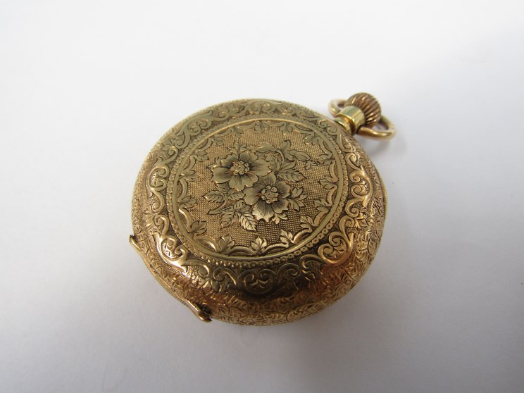 An early 20th Century 18ct gold fob watch with highly engraved decoration to case, - Image 2 of 2