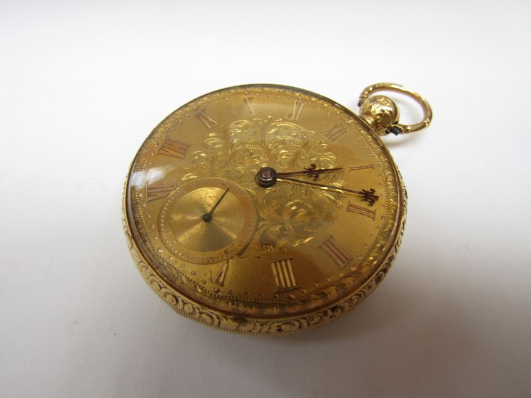 A 19th Century 18ct gold open faced pocket watch with gilded Roman dial and subsidiary seconds,