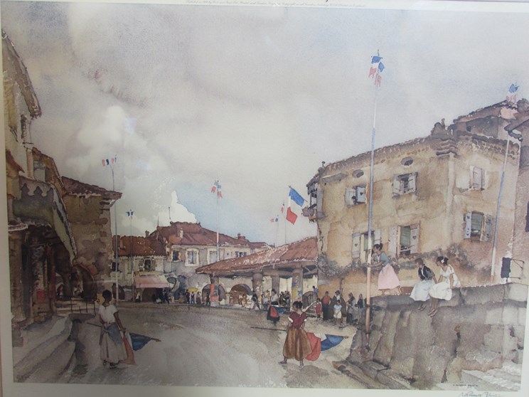WILLIAM RUSSELL FLINT (1880-1969) A print of French street scene with the "Tricolour" flying,