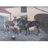 A gilt framed oil on canvas, stable courtyard with three horses and handler. Initialled T.G.T.