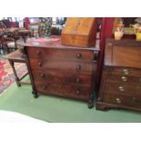 A circa 1860 flame mahogany break front chest of four graduating long drawers on a plinth base and