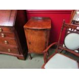 Circa 1930 burr walnut bow front single door bedside cabinet with single internal drawer on