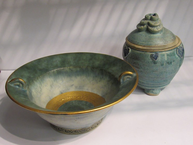 A Studio pottery bowl grey/blue ground with gilt detail with a similar lidded pot (2)