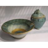 A Studio pottery bowl grey/blue ground with gilt detail with a similar lidded pot (2)