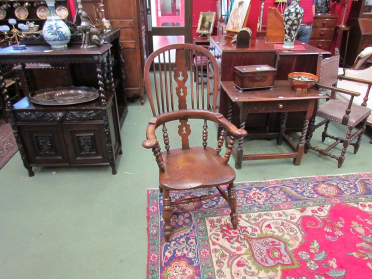 Circa 1840 hoop back Windsor elbow chair the raised stick back rest with pierced central splat over